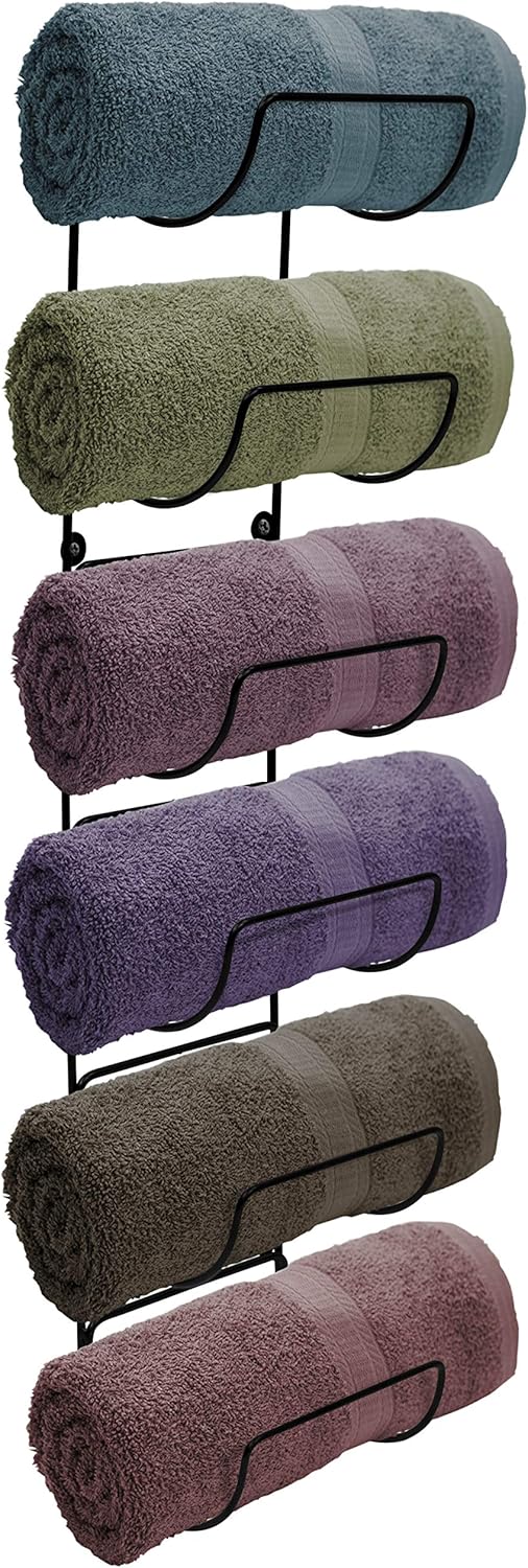Towel Rack Wall Mount – 6 Compartments of Black Metal Bathroom Towel Holder Set - Bathroom Organizer, for Gym Spa, Camper, Rv, Back of Door, Cabinet - Wine Rack Wall Mounted for Kitchen, Bar